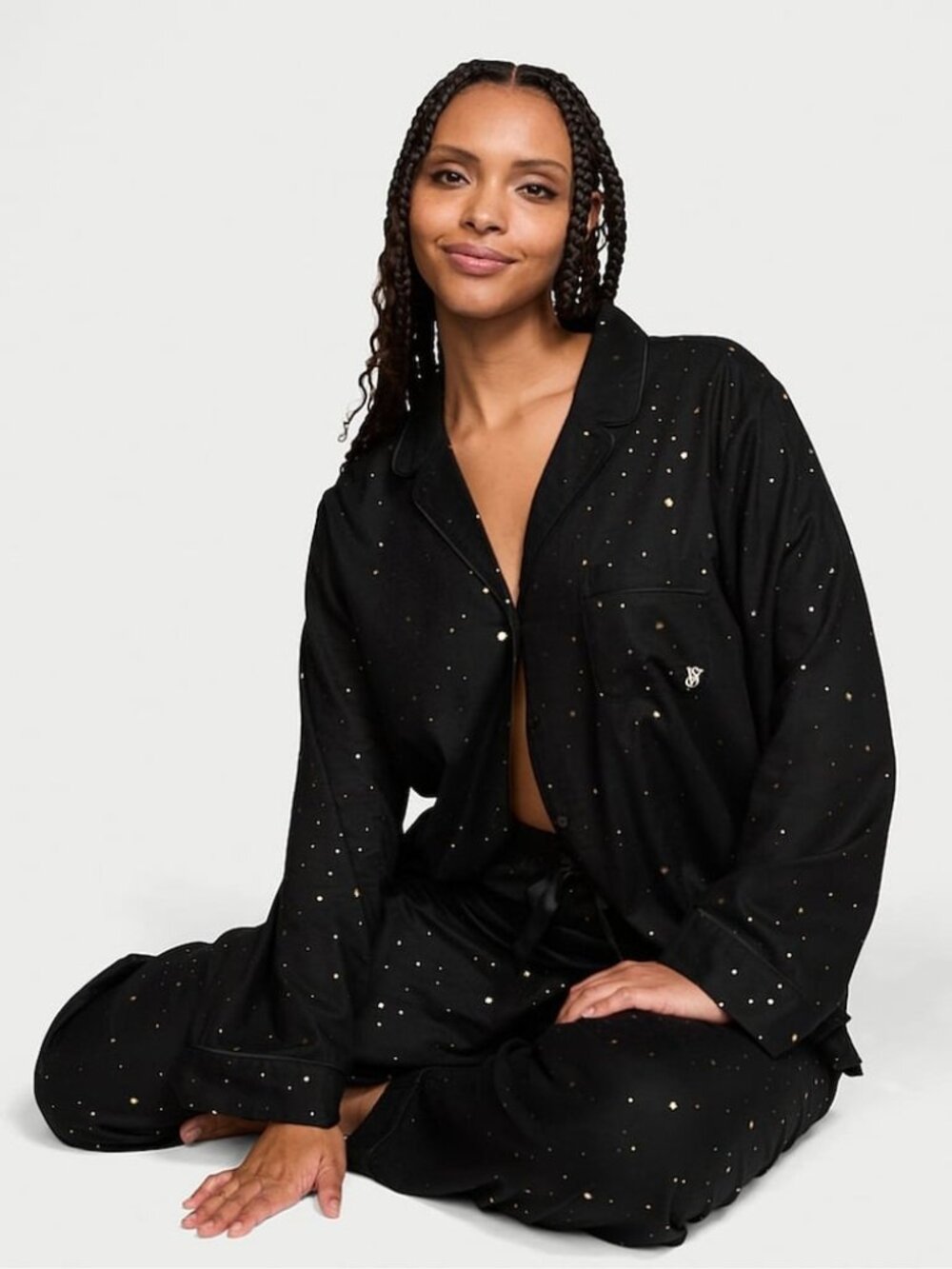 Victoria's Secret Black Gold Star Flannel 2 pc Signature Pajama Set Small Short